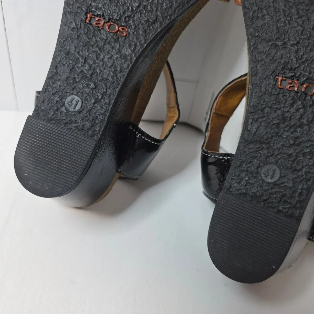 Taos Women's Wedge Sandals Patten Black Tan Leather Ankle‎ Strap Size 41 Comfy